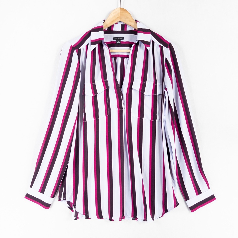 Ann Taylor Striped Button-Front Blouse in White, Pink & Black
